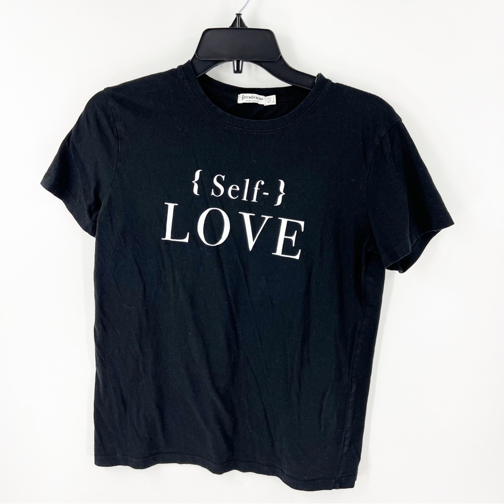 ✅ STRADIVARIUS BLACK "SELF LOVE"‎ SHORT SLEEVE T-SHIRT SIZE  LARGE